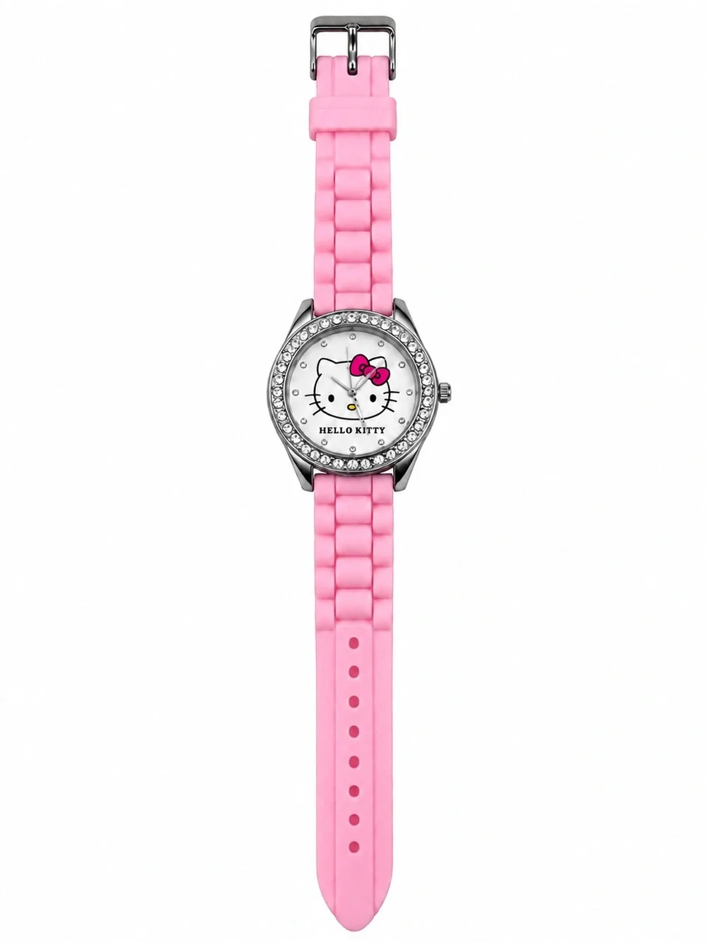 Hello Kitty Rhinestone Watch Pink Silicone Strap Silver Tone